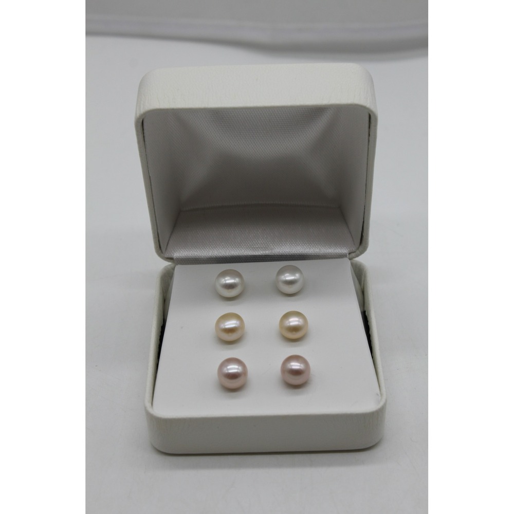 New Set of 3 JTV.com 8-9MM Cultured Fresh Water Pearl Rhodium Silver Earrings